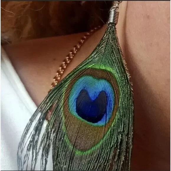Whimsical Natural Delicate Boho Peacock Feather Dangle Drop Hook Earrings A0105 - Picture 10 of 12
